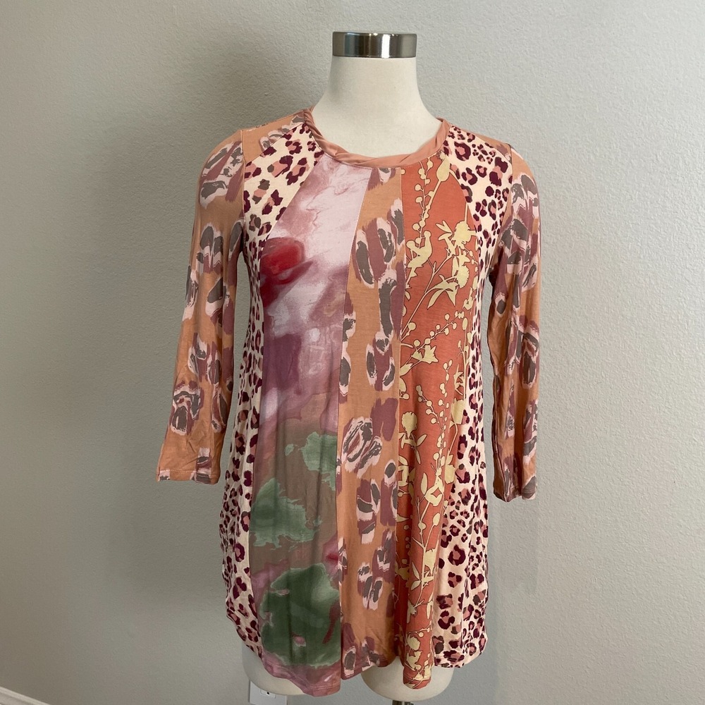LOGO by Lori Goldstein Womens XXS Mix Print Tunic Top 3/4 Sleeve Stretch Pockets